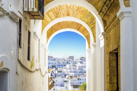 Typical street and panoramic view of Vejer de la Frontera (Cadiz, Andalusia)