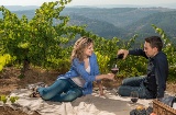 Pareja bebiendo vino entre viñedos, Sierra de Francia