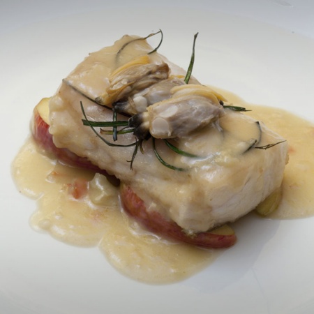 Hake loin with apple and cider sauce