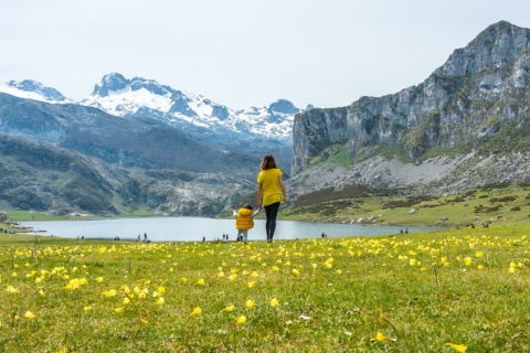 Turistas contemplando el lago de la Ercina en el Parque Nacional de Los Picos de Europa, Asturias