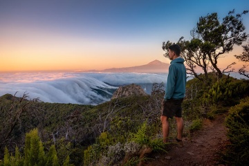 Вид на парк через море облаков с вулканом Тейде на горизонте.