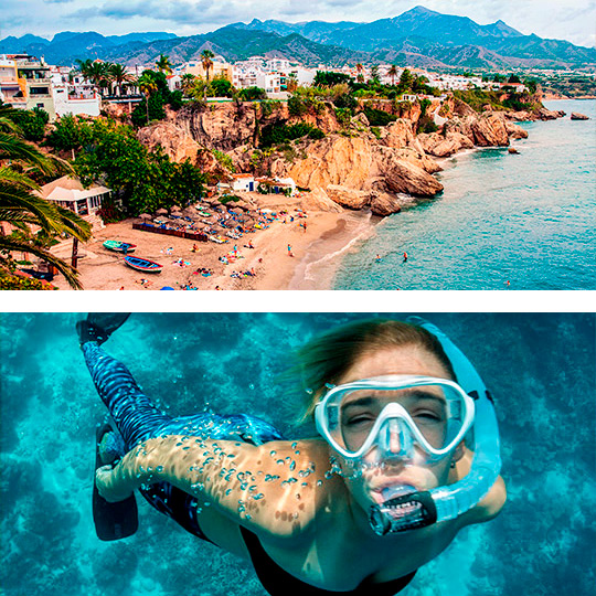 Nerja beach and young woman snorkelling