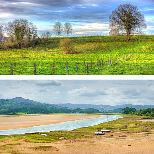 Oben: Umgebung von Nava. Unten: Partielles Naturschutzgebiet der Ría de Villaviciosa in Asturien