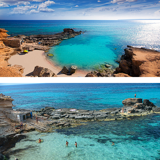 Arriba: Playa de Es Caló d'es Mort / Abajo: Playa de Migjorn en Formentera ©IngoDC