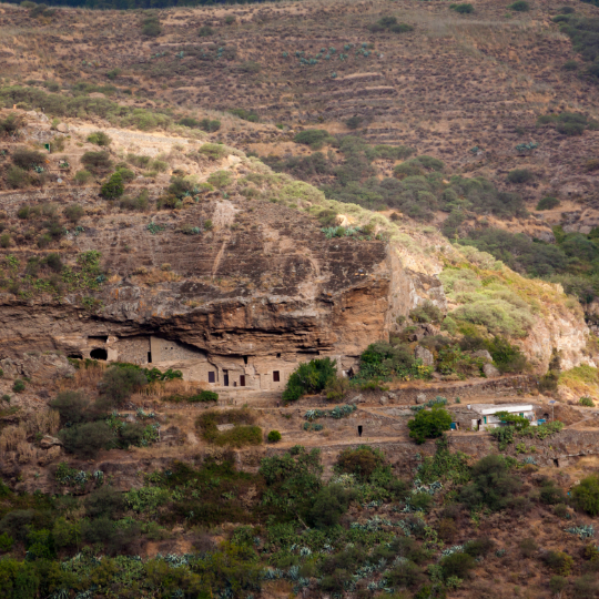 Vista del antiguo poblado de Risco Caído en Gran Canaria, Islas Canarias