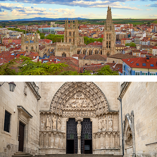 Oben: Ausblick auf die Kathedrale in Burgos, Kastilien-León / Unten: Sarmental-Portal der Kathedrale von Burgos, Kastilien-León