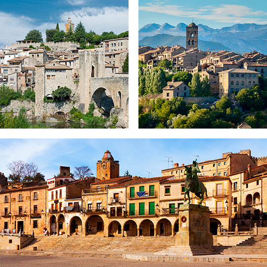 Acima à esquerda: Besalú, Catalunha. Acima à direita: Aínsa, Huesca. Abaixo: Plaza Mayor de Trujillo, Extremadura