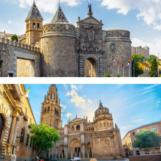 U góry: Puerta de Bisagra, Toledo / U dołu: katedra w Toledo, Toledo.