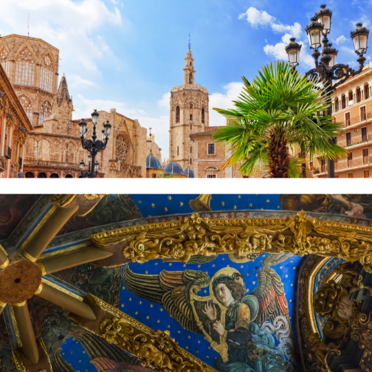 Top: view of the Cathedral of Valencia / Bottom: frescoes of the early Spanish Renaissance inside the Cathedral of Valencia ©goga18128
