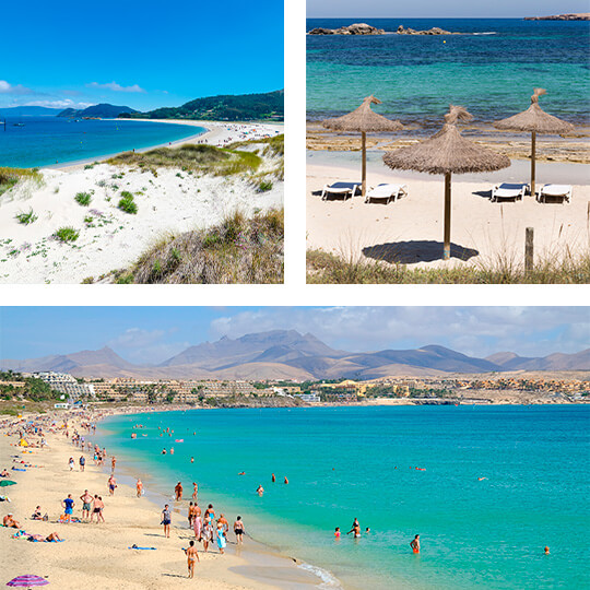U góry z lewej: Plaża Rodas na Wyspach Cíes. U góry z prawej: Plaża Els Pujols, Formentera. U dołu: Costa Calma na Fuerteventurze