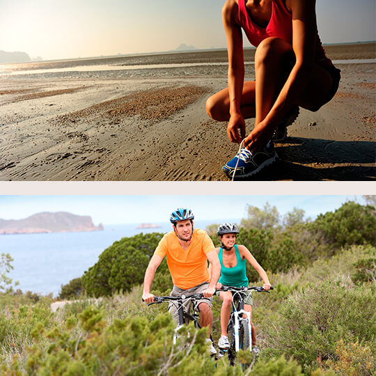上：ビーチでのマラソン。下：イビサでサイクリングを楽しむカップル