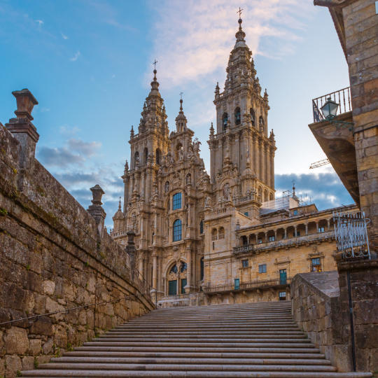 Widok na katedrę w Santiago de Compostela, Galicja.