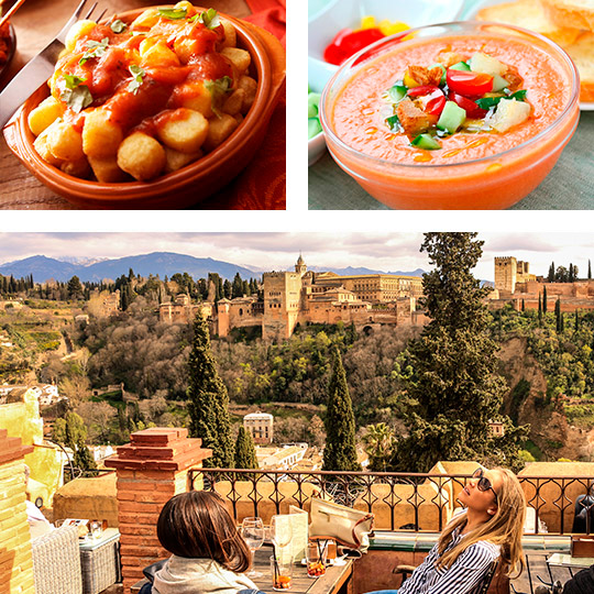 Alhambra in Granada. Tapas mit Gazpacho und Kartoffeln in scharfer Sauce