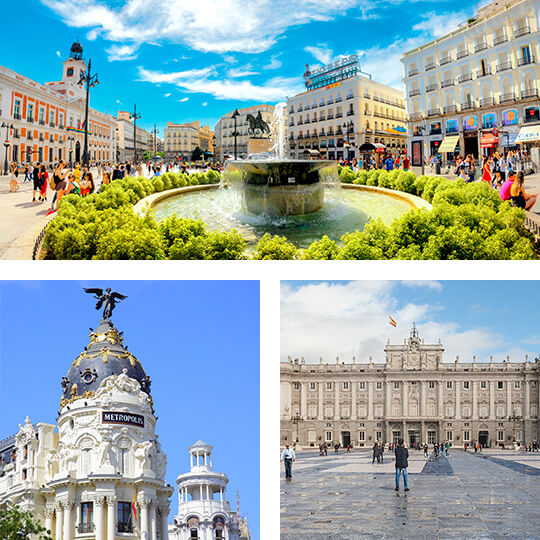 U góry: Puerta del Sol © Valery Bareta U dołu po lewej: Budynek Metrópolis U dołu po prawej: Pałac Królewski © Álvaro López. Madrid Destino