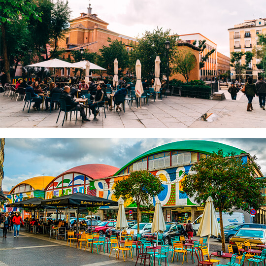 Plaza del Dos de Mayo en Malasaña y Mercado de la Cebada en La Latina, Madrid