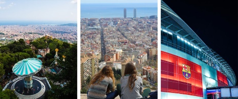 Слева: Виды с горы Тибидабо / В центре: Вид на город с обзорной площадки у бункеров Кармель / Справа: Стадион Камп-Ноу в Барселоне, Каталония