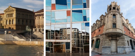 Слева: Университет Деусто / В центре: Дворец Эускалдуна / Справа Здание Альондига в Бильбао, Страна Басков