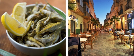 Слева: блюдо с жареной рыбой / Справа: район Ла-Винья в Кадисе, Андалусия © Jose R Pizarro
