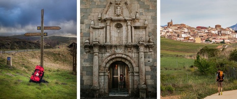  Po lewej: Plecak pielgrzyma / Po środku: Kościół w Burguete, Nawarra / Po prawej: Pielgrzym przybywający do wioski Cirauqui, Nawarra
