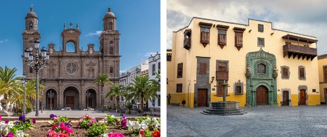 À gauche : Cathédrale Santa Ana / À droite : Casa Colón à Las Palmas de Grande Canarie, île de Grande Canarie
