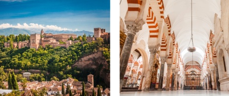 Die Alhambra in Granada und Innenansicht der Moschee-Kathedrale in Córdoba