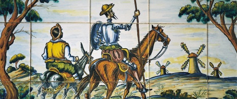 Painted tile depicting an illustration of Don Quixote in Ciudad Real