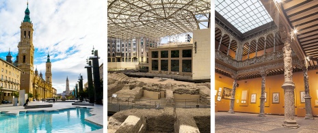 Links: Plaza del Pilar / Mitte: Museum des Theaters Caesaraugusta © Hydra Viridis / Rechts: Patio de la Infanta in Zaragoza, Aragonien © Renata Sedmakova