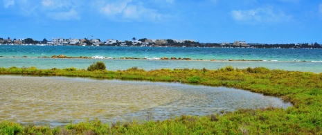 View of the Estany des Peix in the Ses Salines Natural Park in Formentera, Balearic Islands