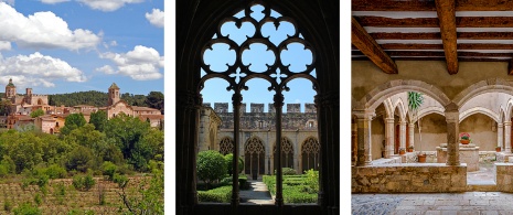 Links: Blick auf das Kloster / Mitte: Gotischer Kreuzgang aus dem 14. Jh. / Rechts: Kreuzgang des Palasts des Abts im Kloster Santes Creus, in Tarragona, Katalonien