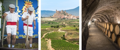 Links: Eröffnungsfeier des Weinlesefests von Jerez de la Frontera in Cádiz, Andalusien ©KikoStock / Mitte: Blick auf die Weingärten in San Vicente de la Sonsierra, La Rioja / Rechts: Detailansicht der unterirdischen Weinkeller in Ribera del Duero, Kastilien und León ©Chiyacat