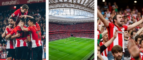 Jugadores, estadio y aficionados del Athletic Club de Bilbao en Vizcaya, País Vasco