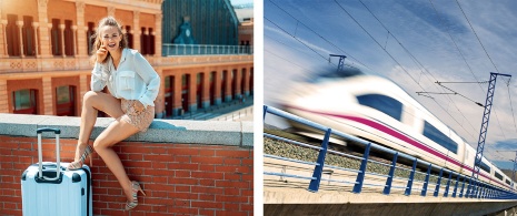 Po lewej: Turysta na stacji kolejowej Atocha, Madryt / Po prawej: Pociąg