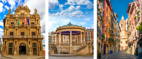 Left: View of the City Hall of Pamplona/Centre: Kiosk at the Plaza del Castillo in Pamplona/Right: Detail of the cathedral of Santa María de la Asunción in Pamplona, Navarre