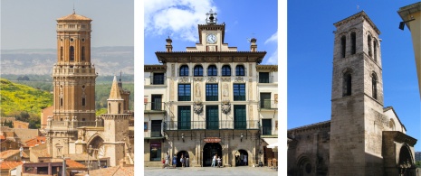 Left: Gothic cathedral/Centre: Plaza de los Fueros ©KarSol/Right: Church of La Magdalena in Tudela, Navarre