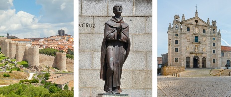 Links: Blick auf die Stadtmauer von Ávila, Kastilien und León / Mitte: Skulptur des heiligen Johannes vom Kreuz in Ávila, Kastilien und León / Rechts: Kloster von Santa Teresa de Ávila, Kastilien und León