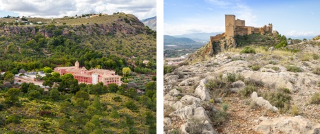 À gauche : Vue du sanctuaire de Santa Eulalia à Totana, Murcie / Droite : Vue du château de Velez à Mula, Murcie