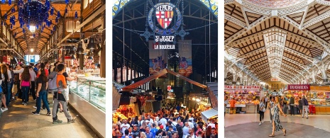 Links: Detail der Markthalle San Miguel in Madrid, Region Madrid / Mitte: Eingang zum Boquería-Markt in Barcelona, Katalonien / Rechts: Der Zentralmarkt von Valencia, Region Valencia