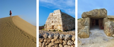 Esquerda: Dunas de Maspalomas, em Gran Canária, Ilhas Canárias / Centro: Naveta des Tudons em Menorca, Ilhas Baleares / Direita: Detalhe do dólmen de Antequera em Málaga, Andaluzia