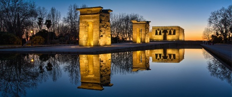 View of the Temple of Debod at sunset in Madrid