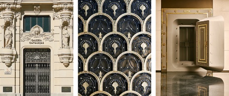 Izquierda: Una de las entradas de Galería Canalejas / Centro: Detalle de puerta en Galería Canalejas / Derecha: Caja fuerte recuperada en Galería Canalejas de Madrid