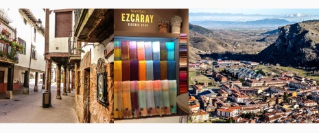 Von links nach rechts: Straße in Ezcaray (La Rioja), Stand mit Decken von Ezcaray und Panoramablick auf das Dorf