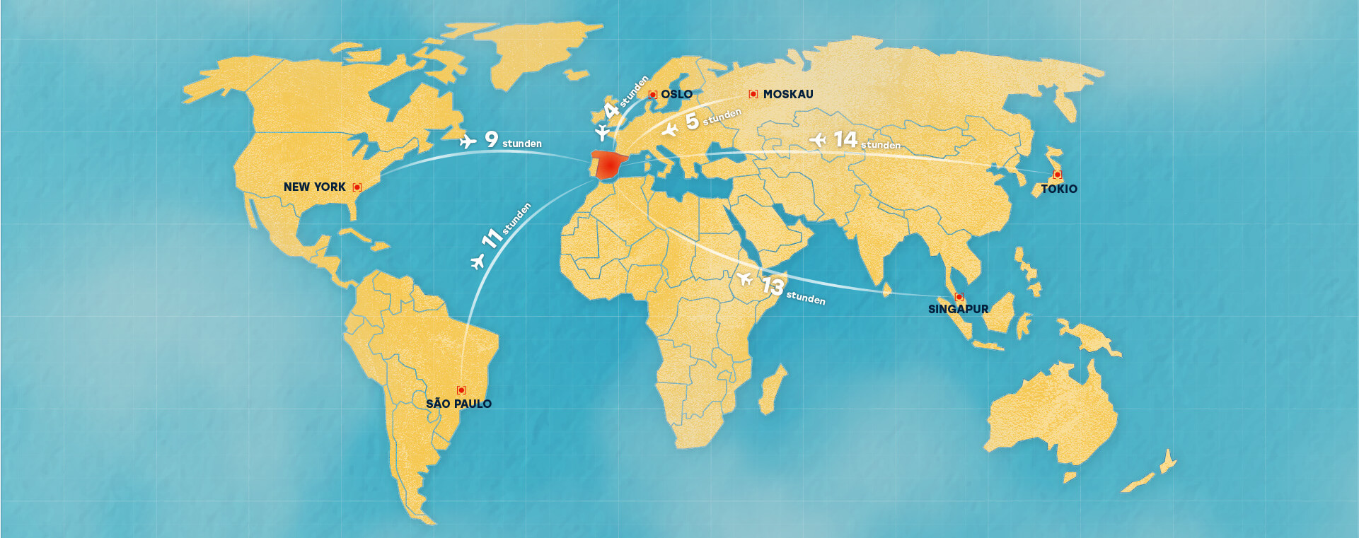 Weltkarte und Entfernungen in Flugstunden