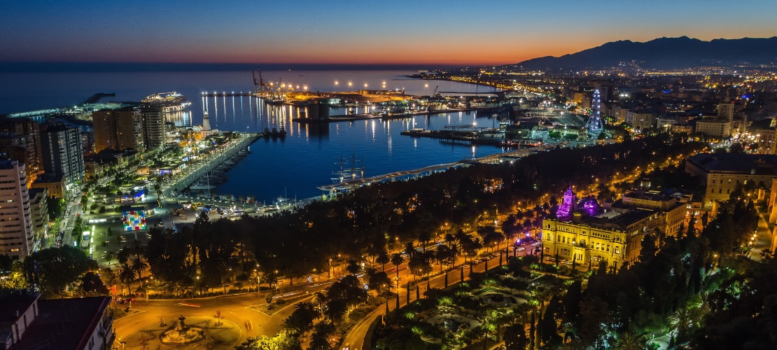 Veduta di Malaga di notte