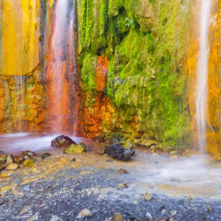 Wodospad «Cascada de Colores» w Parku Narodowym La Caldera de Taburiente. Wyspa La Palma. Wyspy Kanaryjskie.