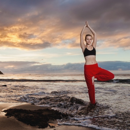 Dziewczyna ćwicząca jogę o zachodzie słońca na plaży La Tejita w Granadilla de Abona na Teneryfie, Wyspy Kanaryjskie