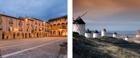 Links: Platz in Sigüenza (Guadalajara). Rechts: Windmühlen in Consuegra (Toledo)