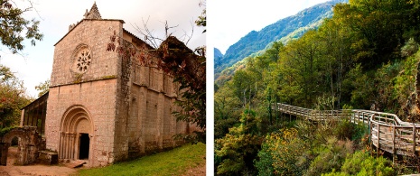 左：サンタ・クリスティーナ・デ・リバス・デ・シル修道院。右：マオ川の歩道