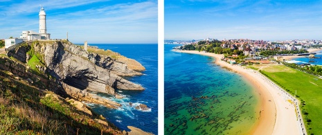  À gauche : Phare Cabo Mayor / À droite : Vue aérienne des plages et de la ville de Santander