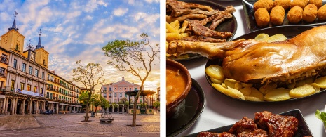 Left: Plaza Mayor square / Right: Dish of suckling pig and other tapas in Segovia, Castile and Leon