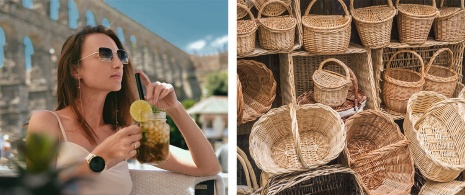 Izquierda: Turista disfrutando un cóctel en el acueducto de Segovia / Derecha: Tienda de cestería en Segovia, Castilla y León